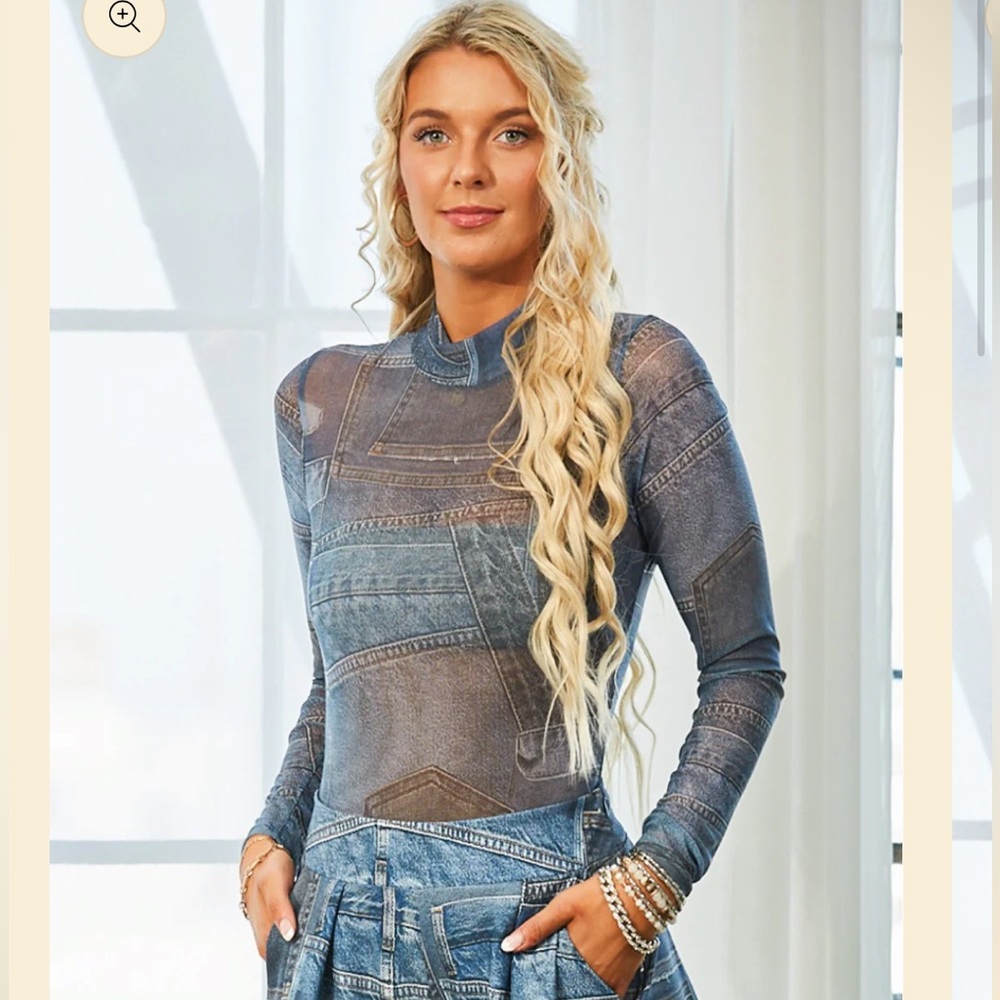 Gray Denim Printed Sparkle Mesh Style Bodysuit